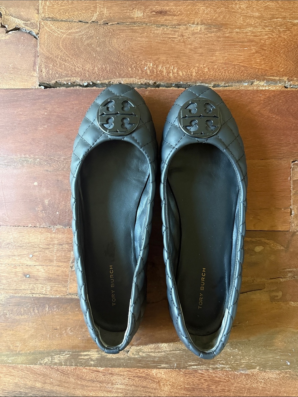 Tory Burch Quilted Black Leather Logo Ballet Flats
